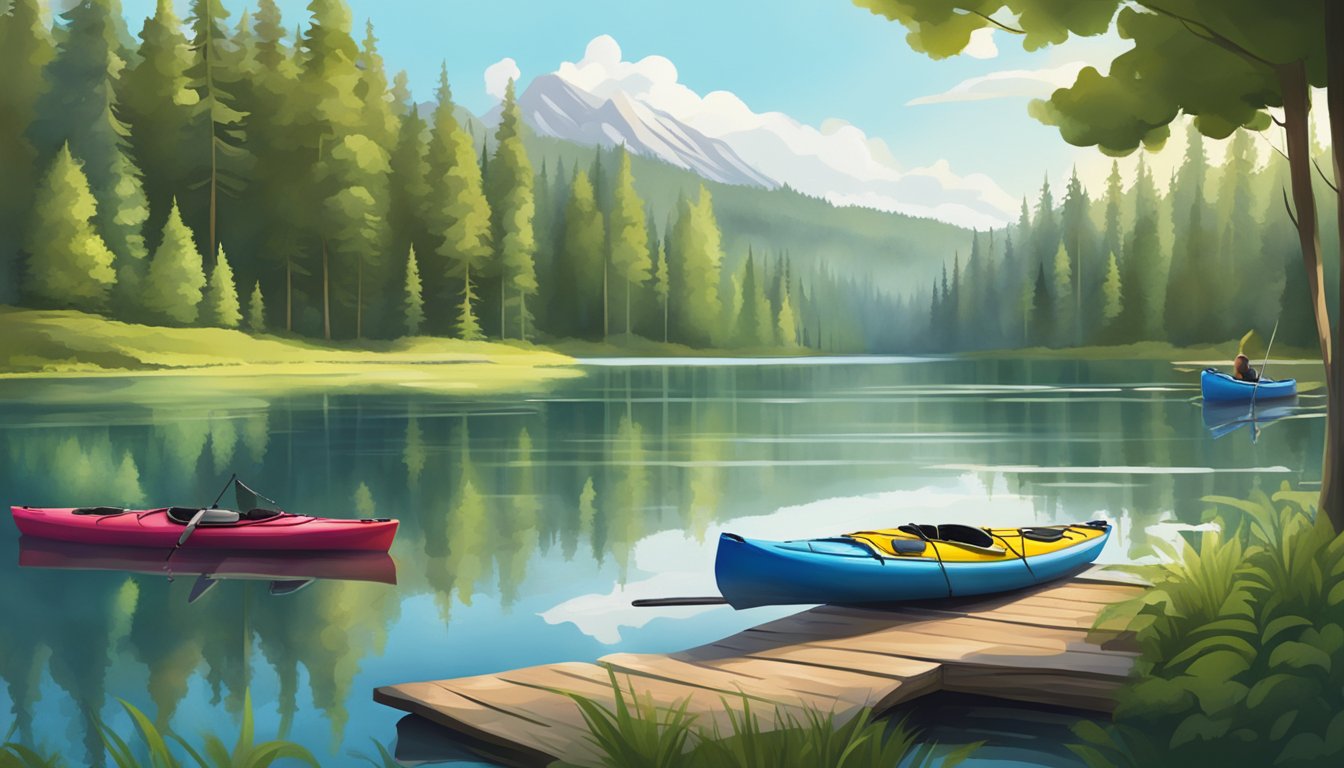 A serene lake surrounded by lush green forests, with kayaks and fishing gear laid out on the shore