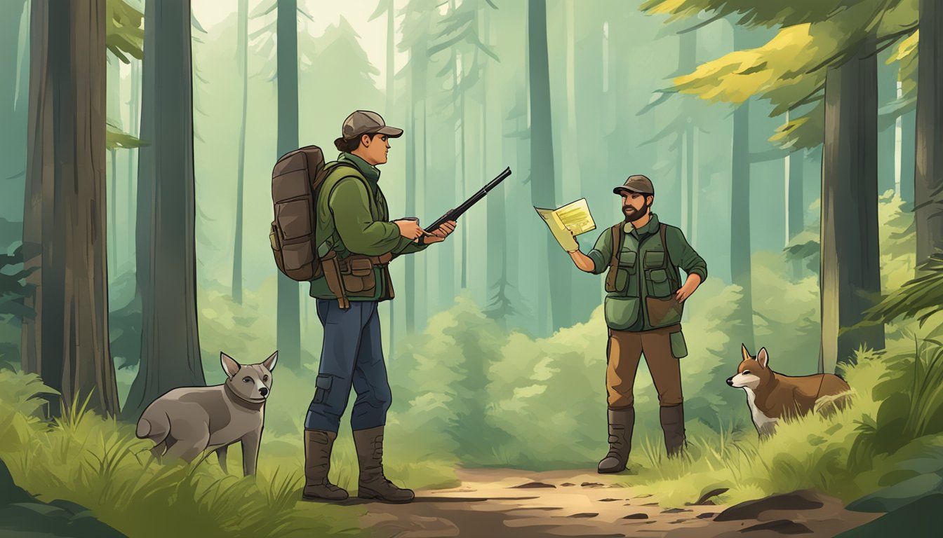 A hunter holding a hunting license and permits in a forest clearing