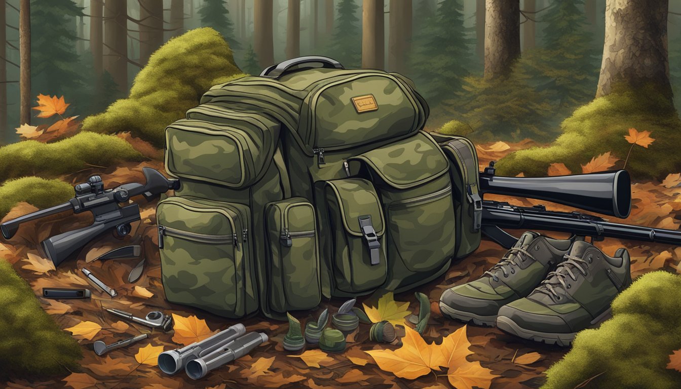 A hunter's backpack, rifle, and camouflage gear laid out on a mossy forest floor, surrounded by fallen leaves and pine needles