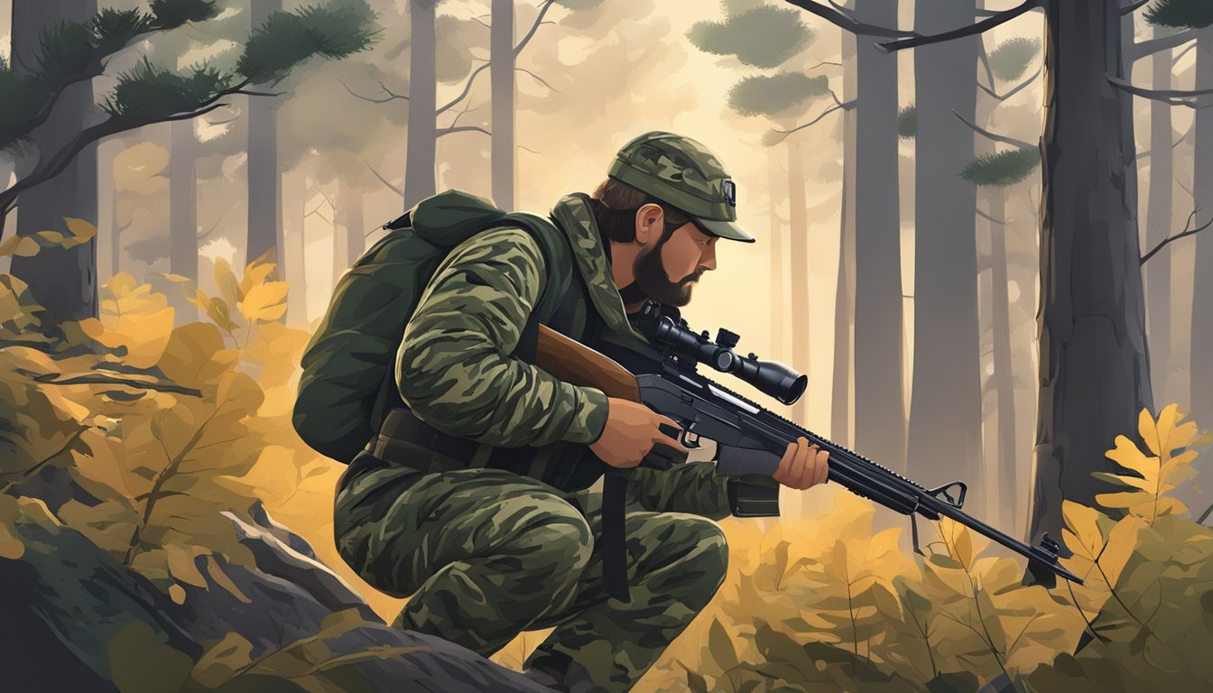 A hunter in camouflage gear loads a rifle near a forest clearing at dawn