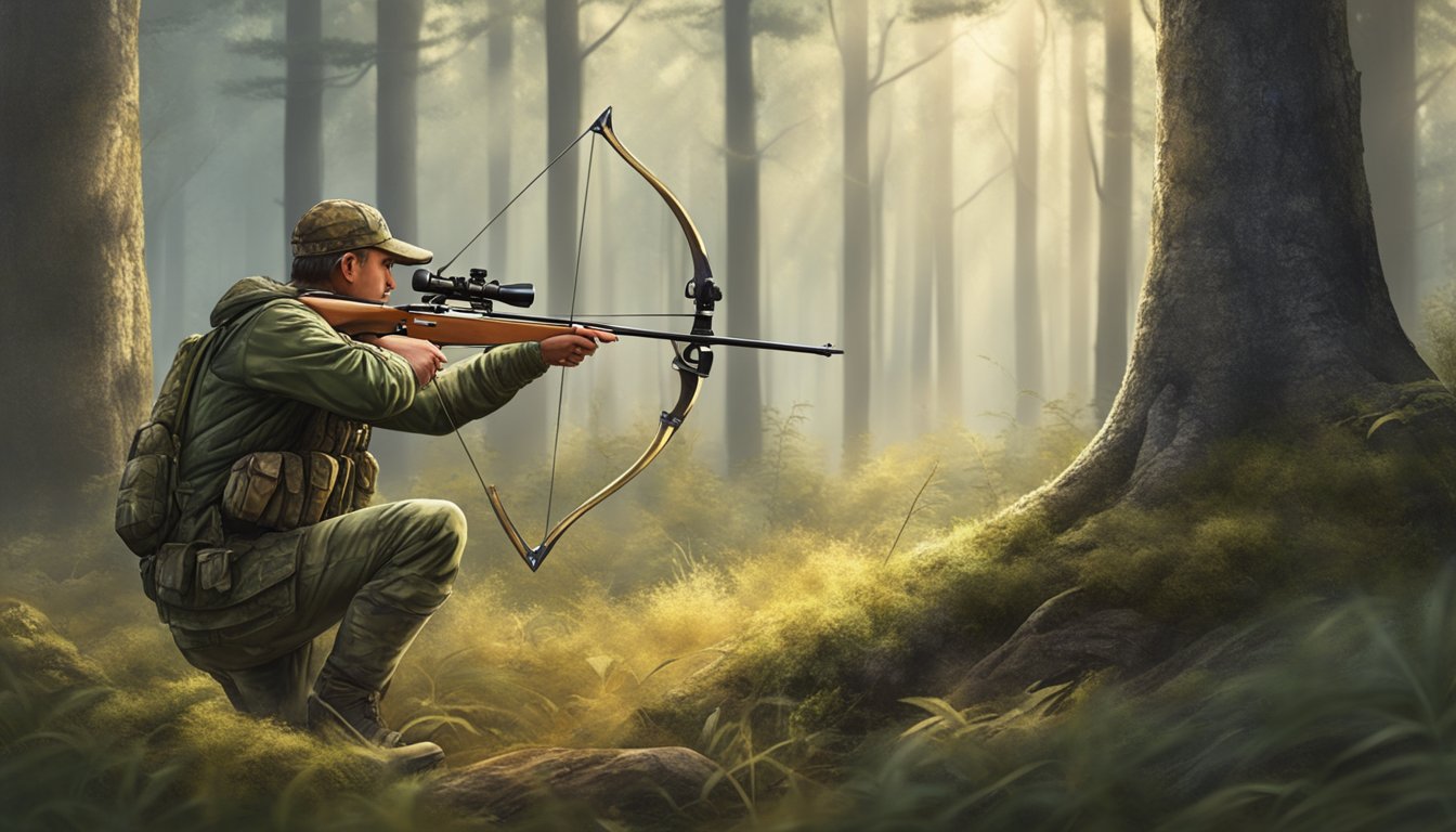 A hunter in camouflage aiming a bow at a deer in a forest clearing