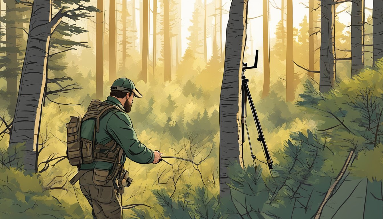 A hunter carefully checks the wind direction and sets up a tree stand in a dense forest, following the Colorado hunting guide's advice on responsible hunting practices