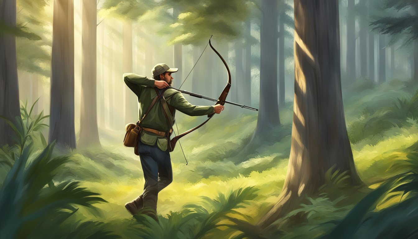 A hunter draws back a bow, aiming at a target in a forest clearing. The California landscape is lush and green, with sunlight filtering through the trees