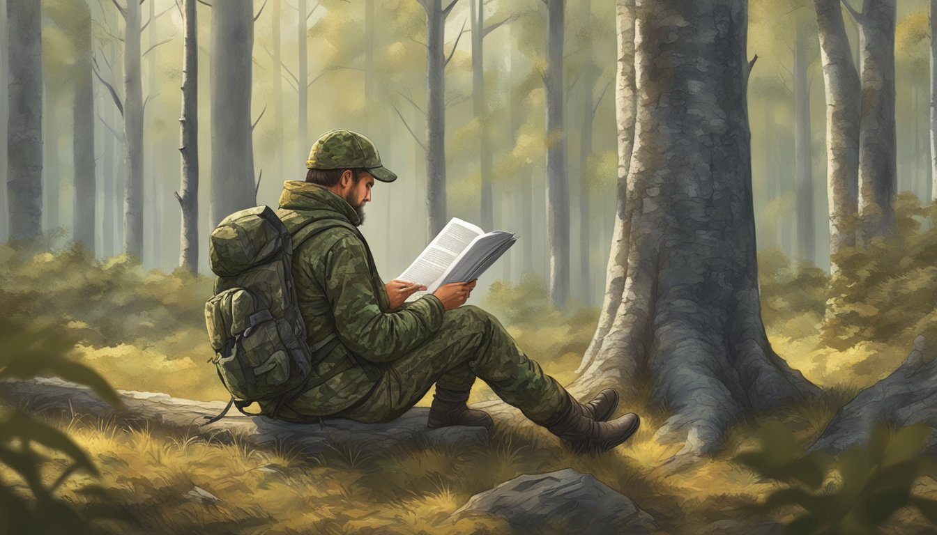 A hunter in camouflage reading a hunting guide next to a tree in a forest clearing