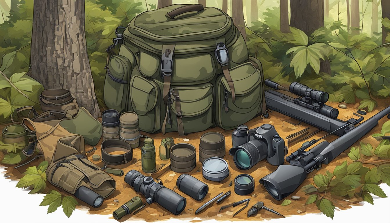 A hunter's backpack, rifle, and camouflage gear laid out on a forest floor. A bow and arrows, traps, and binoculars are also visible