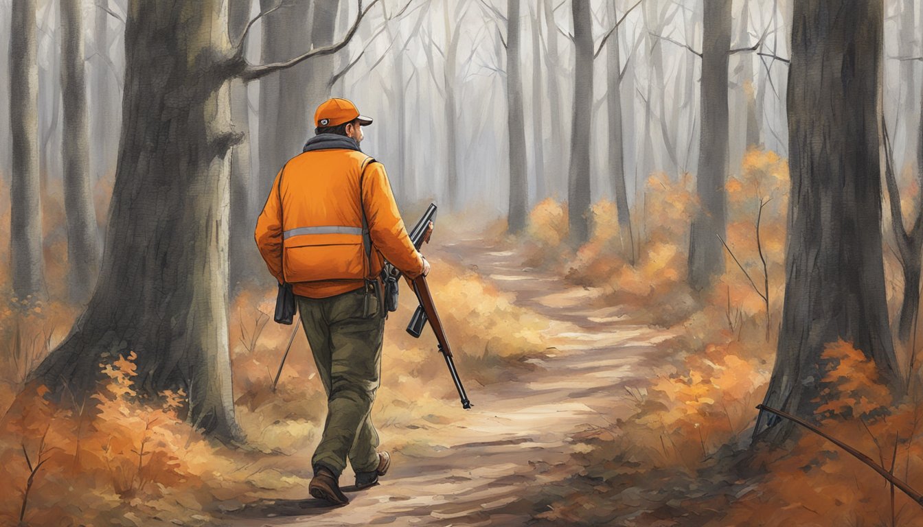 A hunter in orange vest and cap walks through a wooded area, carrying a rifle and following the Connecticut hunting laws and safety guidelines