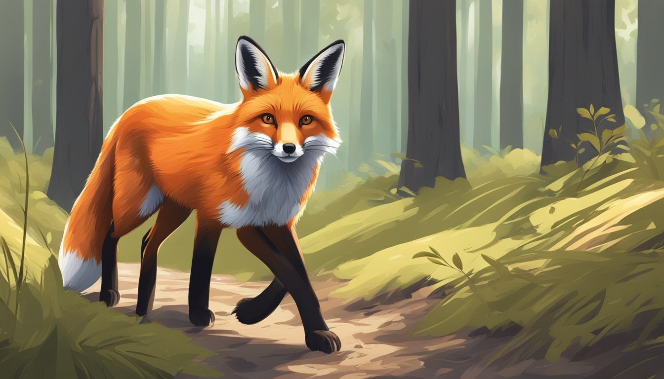 A red fox stealthily stalks a rabbit in a wooded area, its sharp eyes focused and its body low to the ground