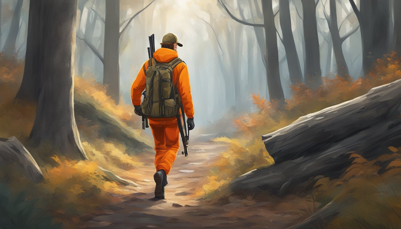 A hunter walking through a wooded area, carrying a rifle and wearing bright orange clothing for safety