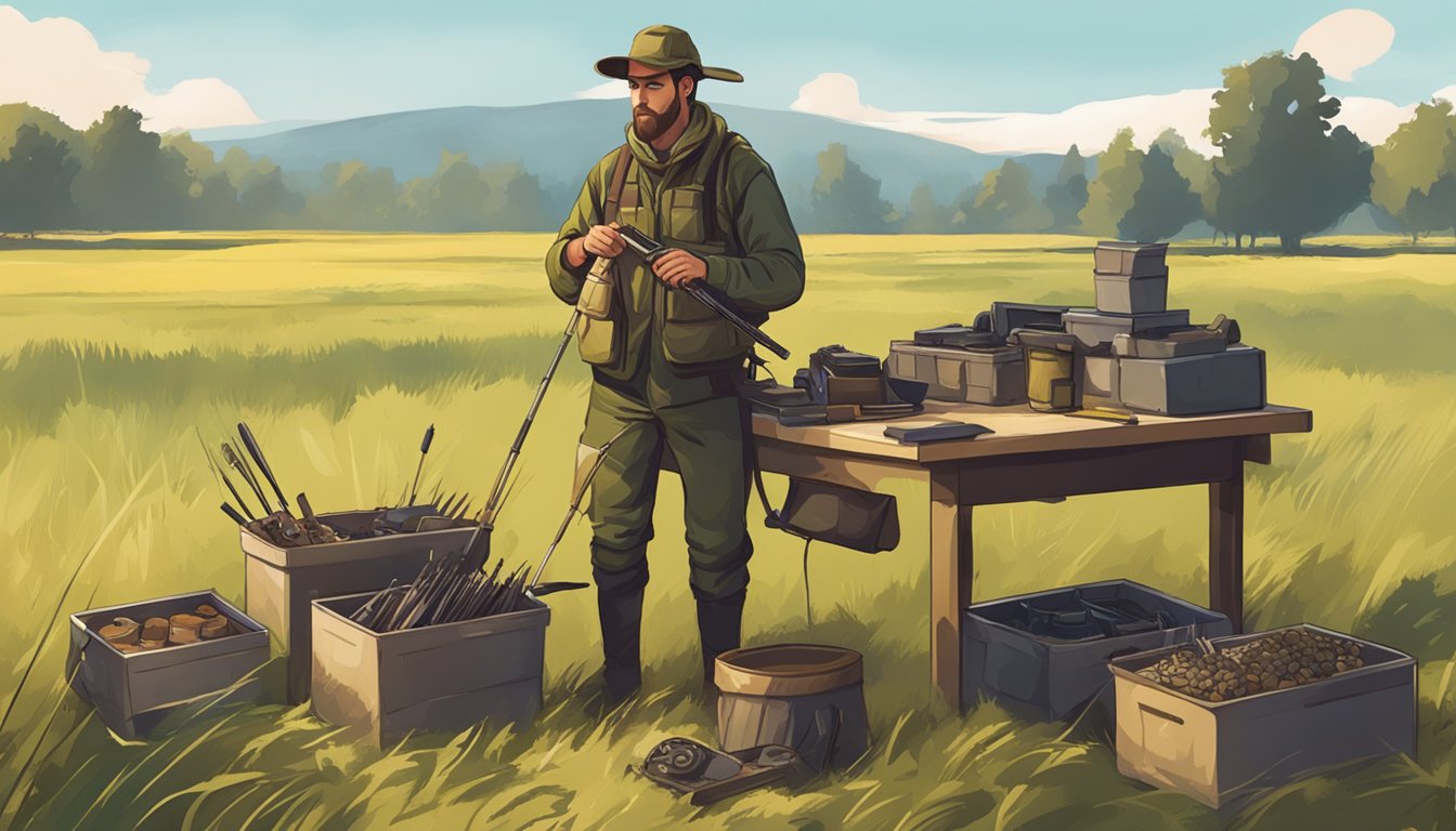 A hunter preparing gear and processing game in a field