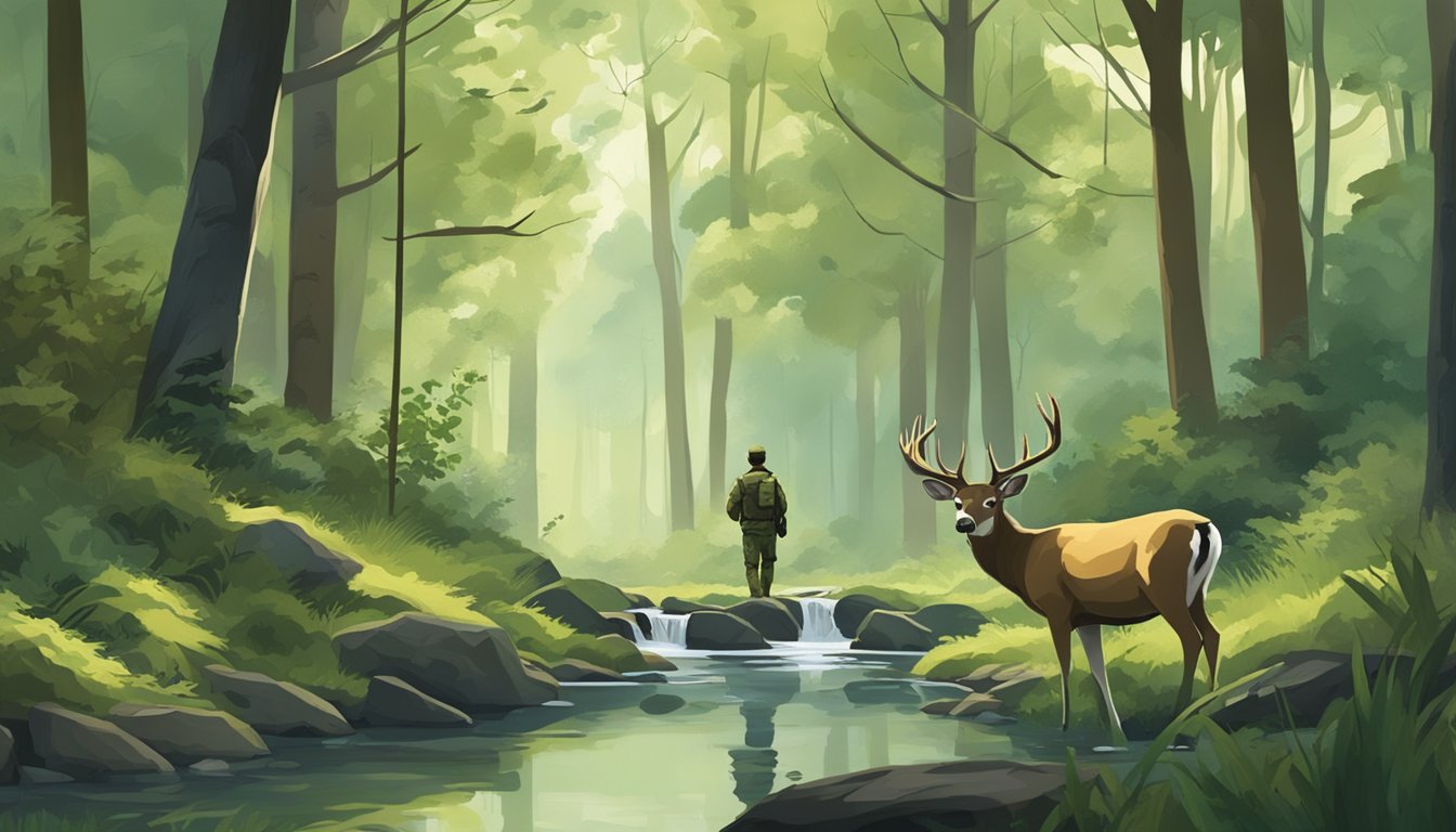 A serene forest clearing with a stream, surrounded by lush trees and wildlife. A hunter in camouflage observes a deer from a distance