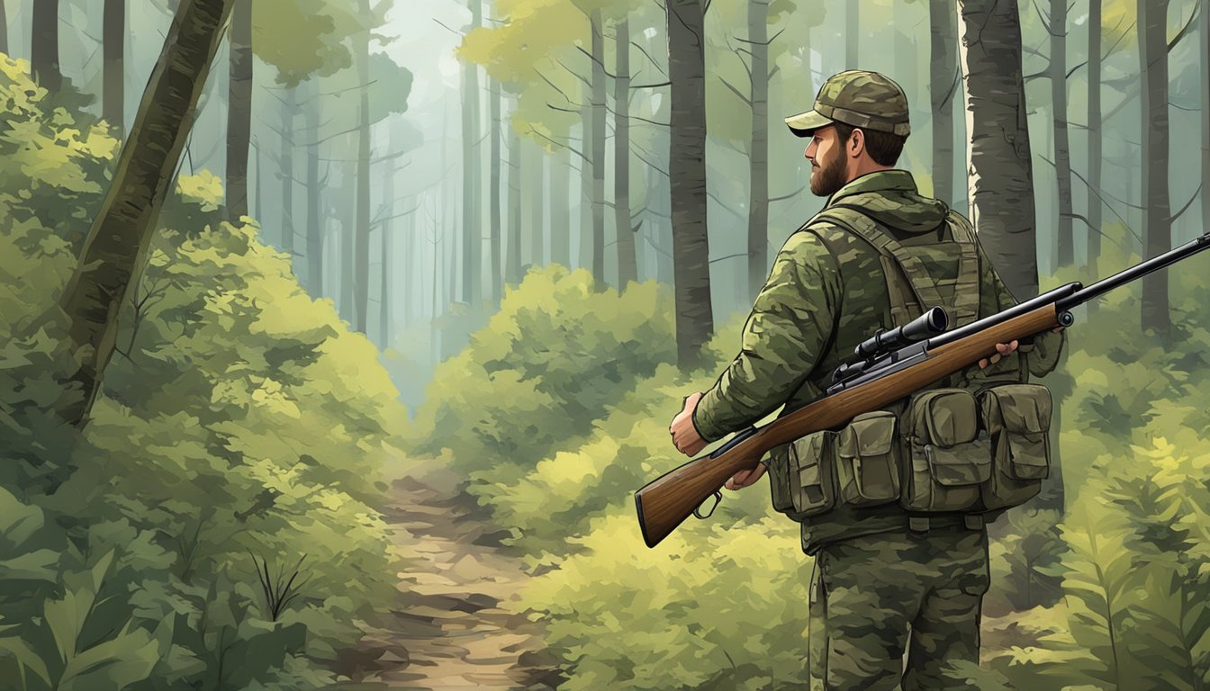 A hunter in camouflage navigating through a dense forest with a rifle, while following the guidelines outlined in the Delaware hunting guide