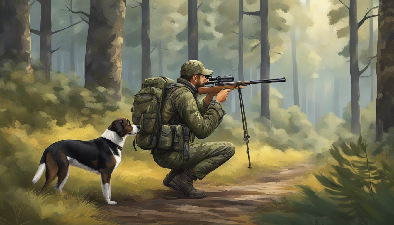 A hunter in camouflage gear quietly moves through a dense forest, scanning for wildlife. A hunting dog eagerly sniffs the ground ahead, while a pair of binoculars dangle from the hunter's neck