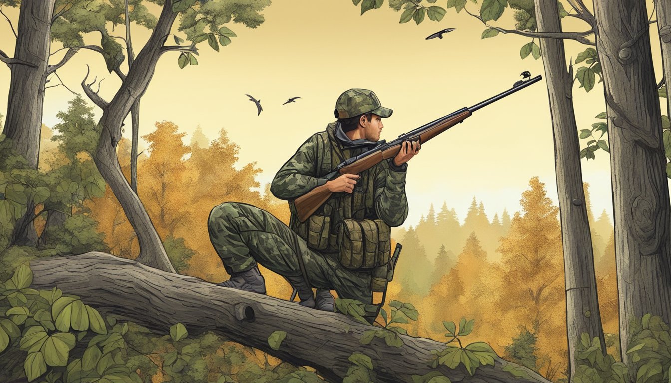 A hunter in a tree stand overlooking a forest clearing, with a rifle and camouflage gear, waiting for a deer to appear