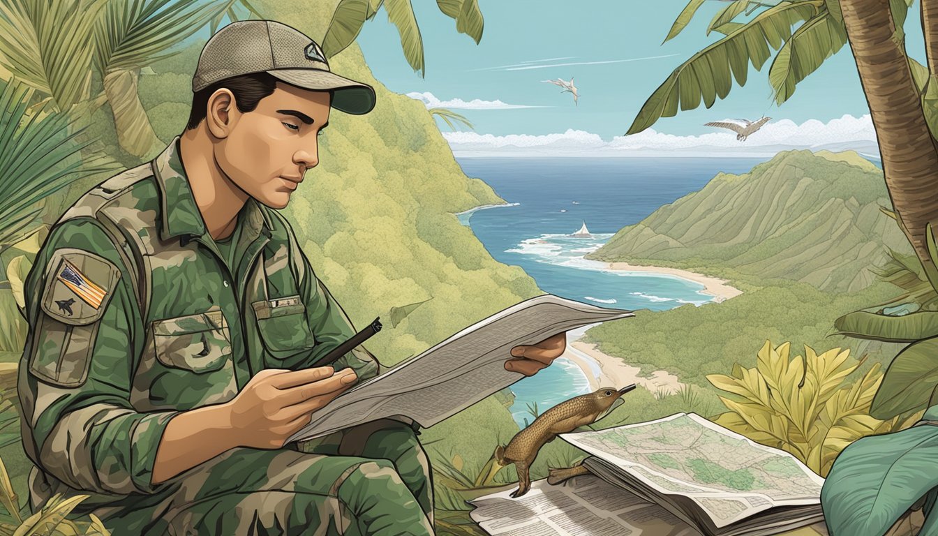 A hunter in camouflage reading a hunting guide next to a map of Hawaii, surrounded by wildlife and conservation posters