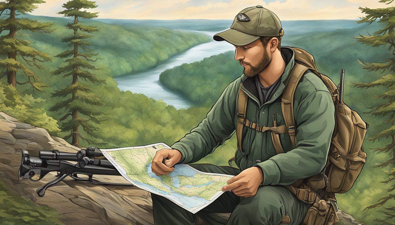 A hunter using a compass and map to plan a hunting route in the Delaware wilderness