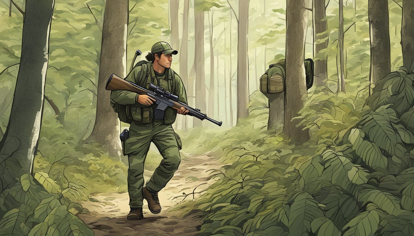 A hunter navigating through a dense forest, carrying a rifle and wearing camouflage gear. A map of Delaware's hunting grounds is tucked into the hunter's backpack