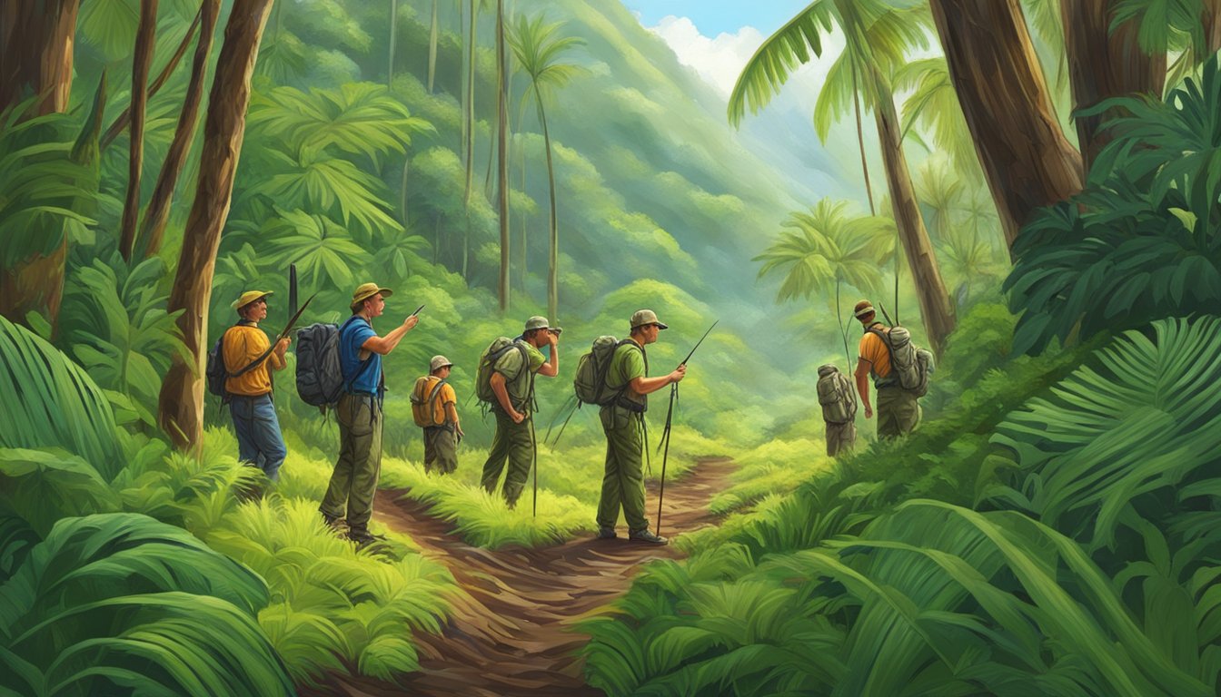 A hunting guide leads a group through lush Hawaiian forest, pointing out tracks and wildlife