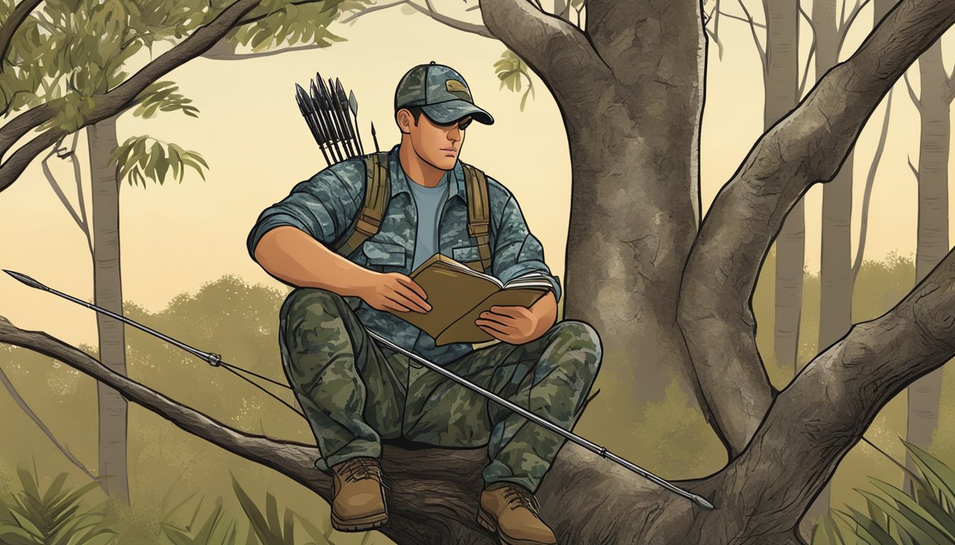 A hunter in camouflage reading a Florida hunting guide while sitting in a tree stand with a bow and arrow