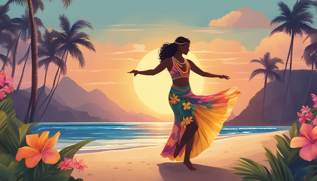 A hula dancer performs on a beach at sunset, surrounded by tropical flowers and palm trees