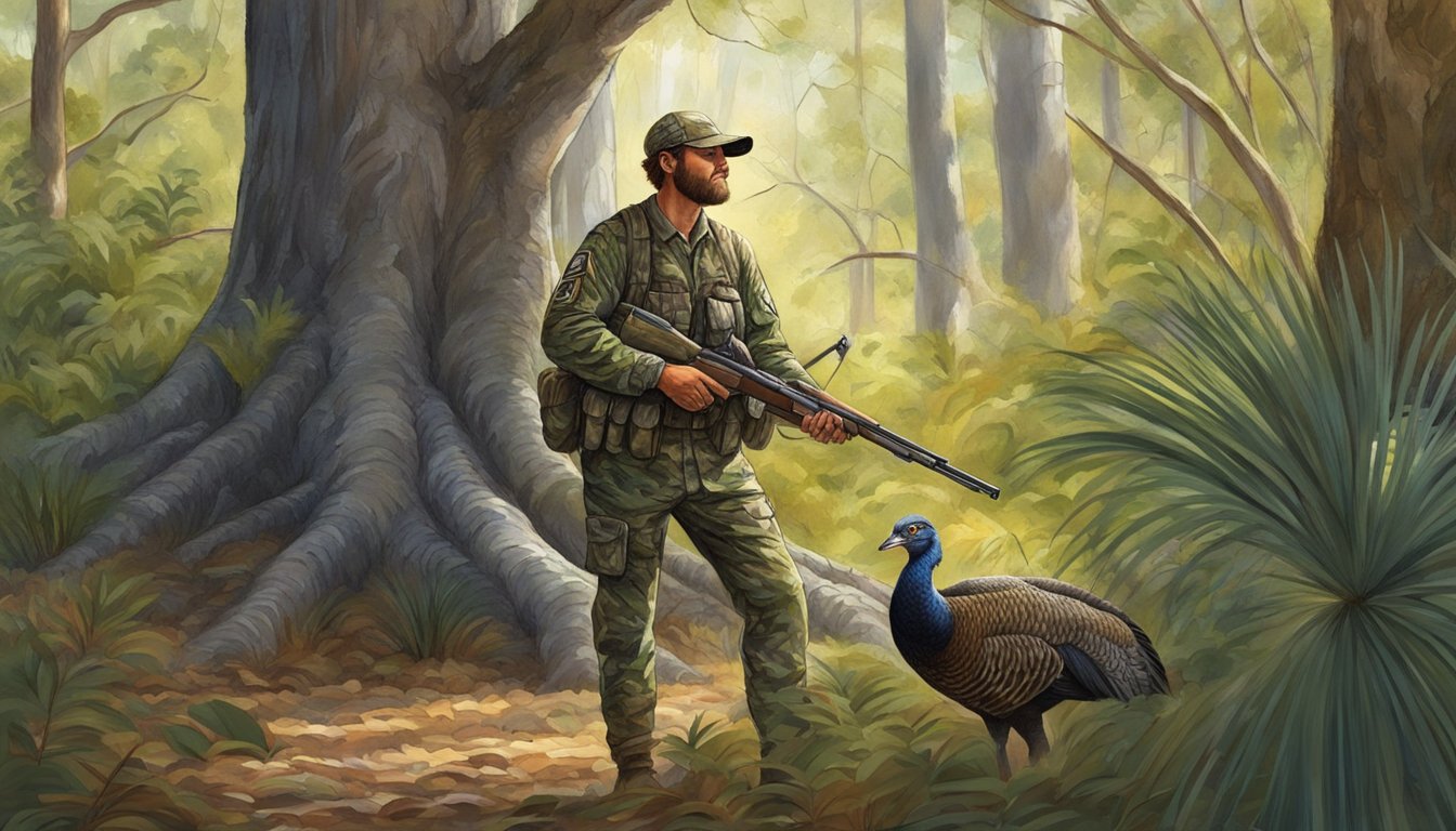 A hunter in camouflage waits by a tree, surrounded by dense Florida foliage. A wild turkey struts into view, its iridescent feathers catching the sunlight