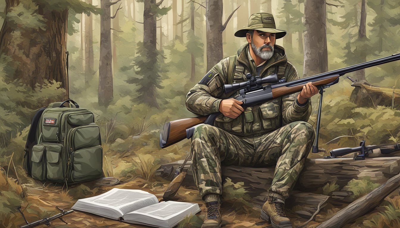 A hunter in camouflage gear reading a Georgia hunting guide next to a rifle and hunting equipment