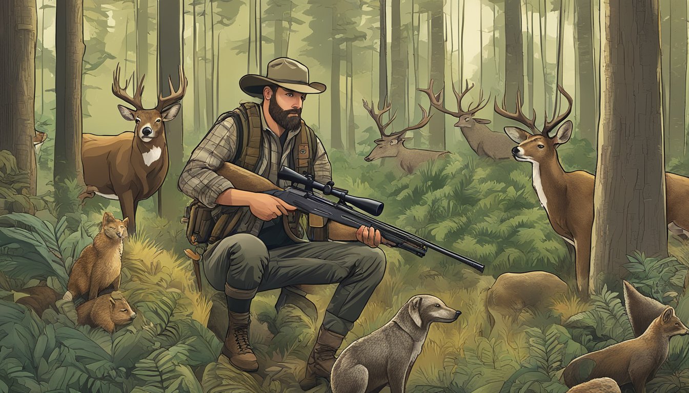 A hunter holding a rifle, surrounded by a forest with various wildlife and a sign displaying "Licensing and Regulations - Indiana Hunting Guide."