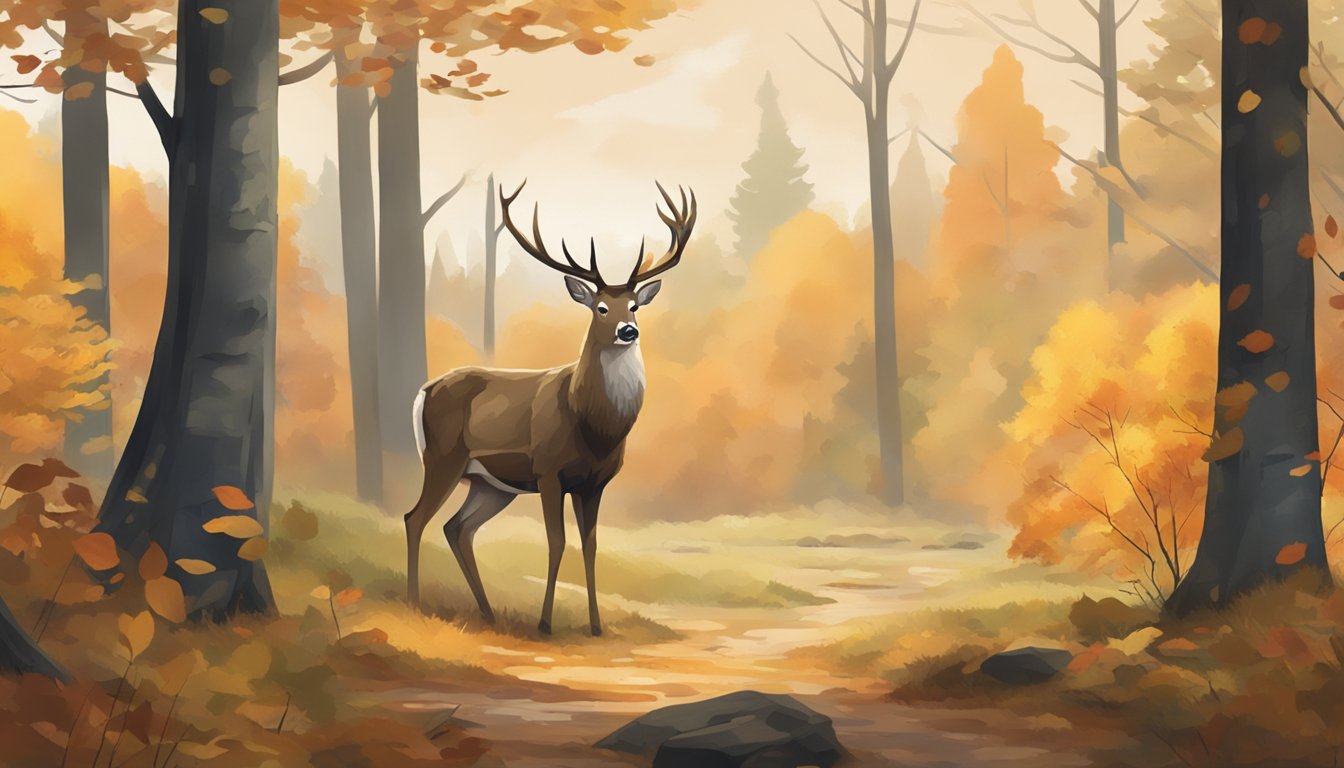 A serene forest clearing with a deer grazing in the distance, surrounded by autumn foliage and a subtle hint of hunting gear