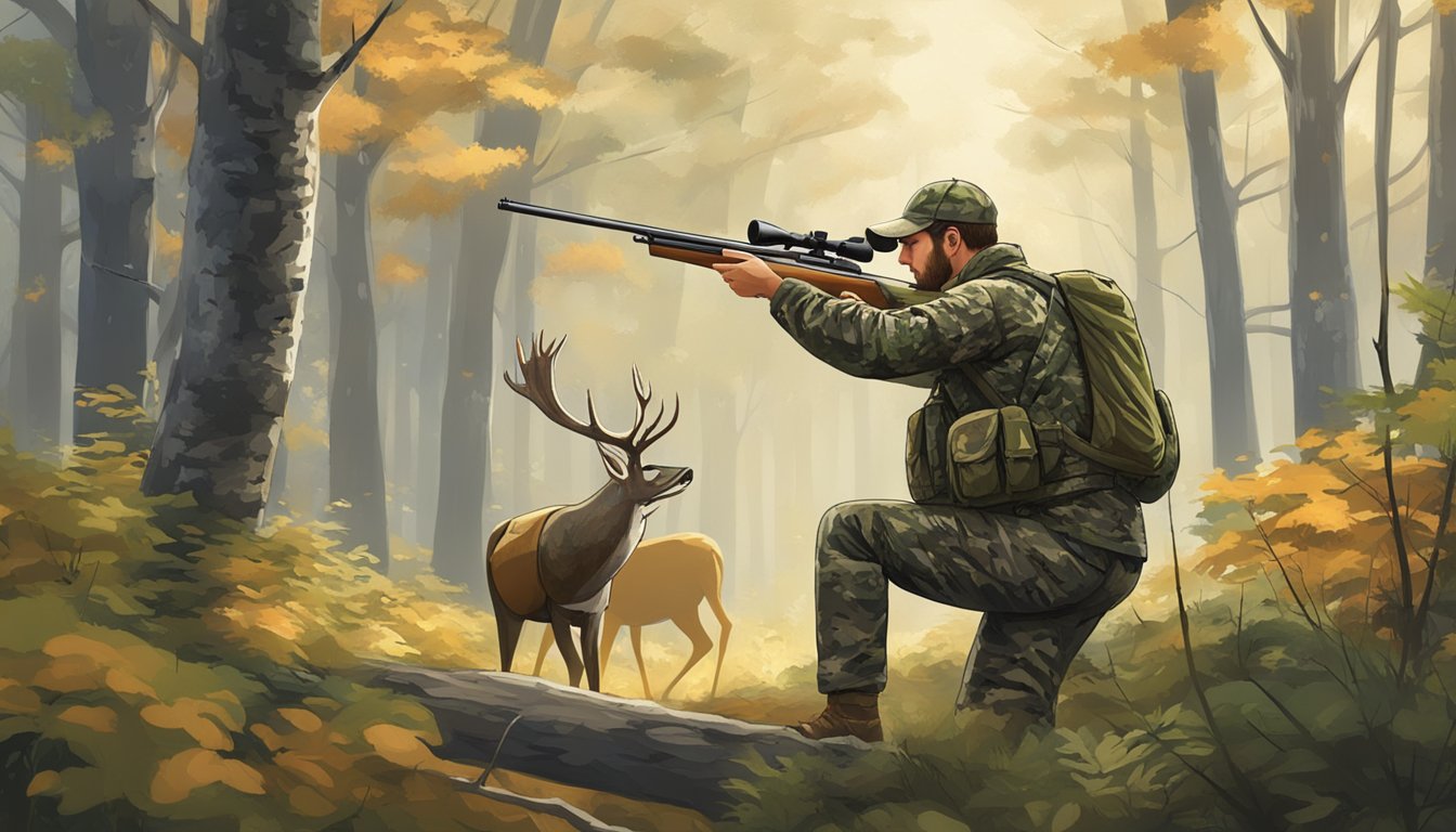 A hunter in camouflage aiming at a deer in a forest clearing