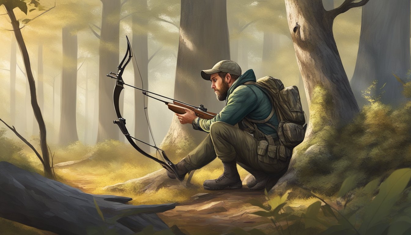 A hunter crouches behind a tree, camouflaged in hunting gear, aiming a bow at a deer in a forest clearing