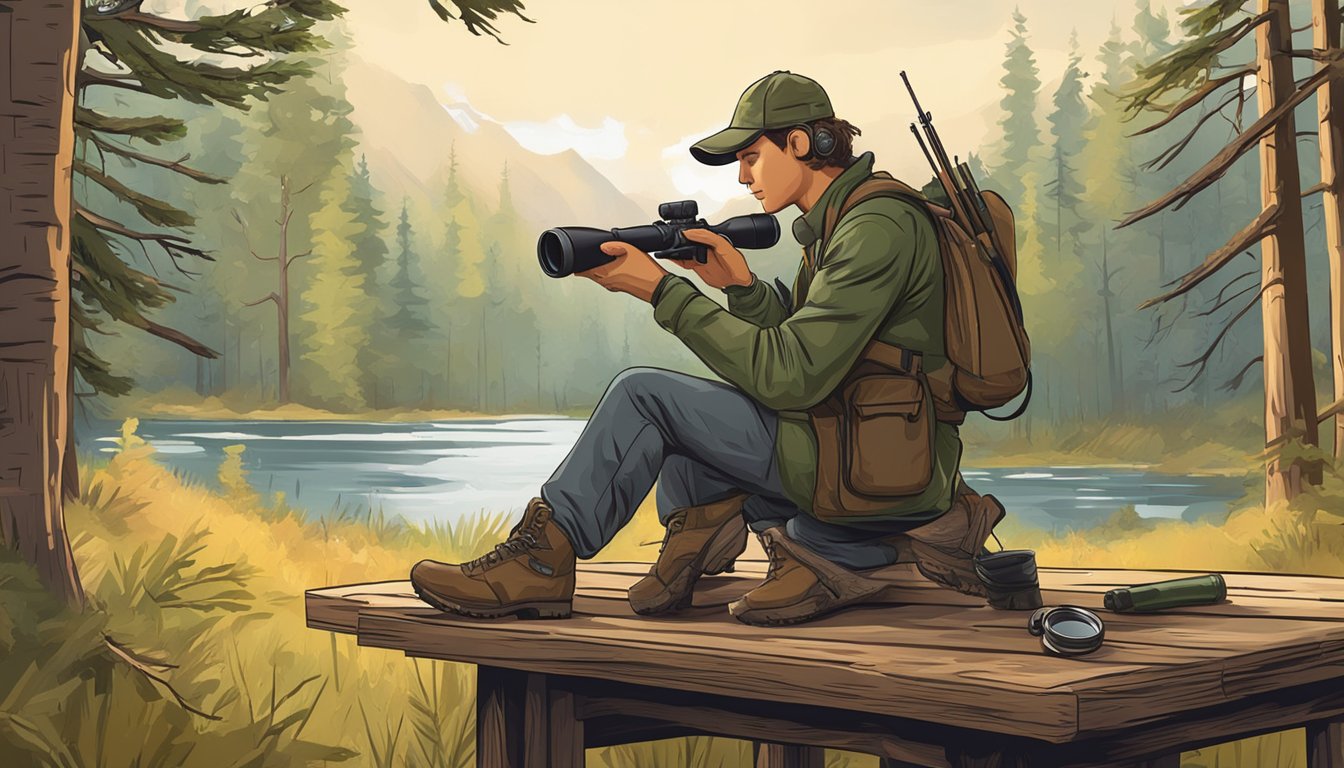 A hunter reading the Idaho hunting guide with a rifle and binoculars on a wooden table in a forest clearing