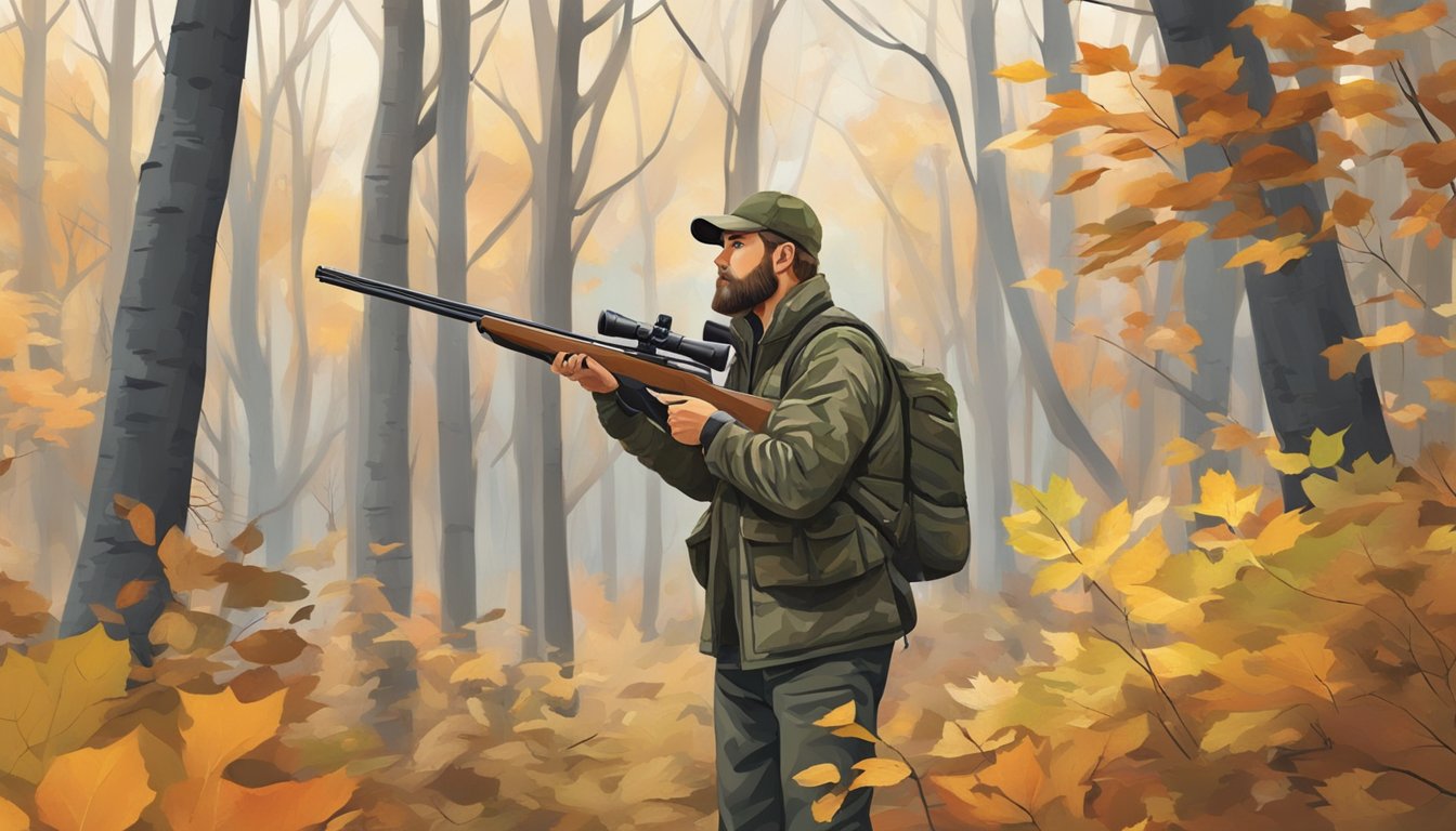 A hunter in camouflage standing in a wooded area, with a rifle and binoculars, surrounded by autumn foliage and wildlife