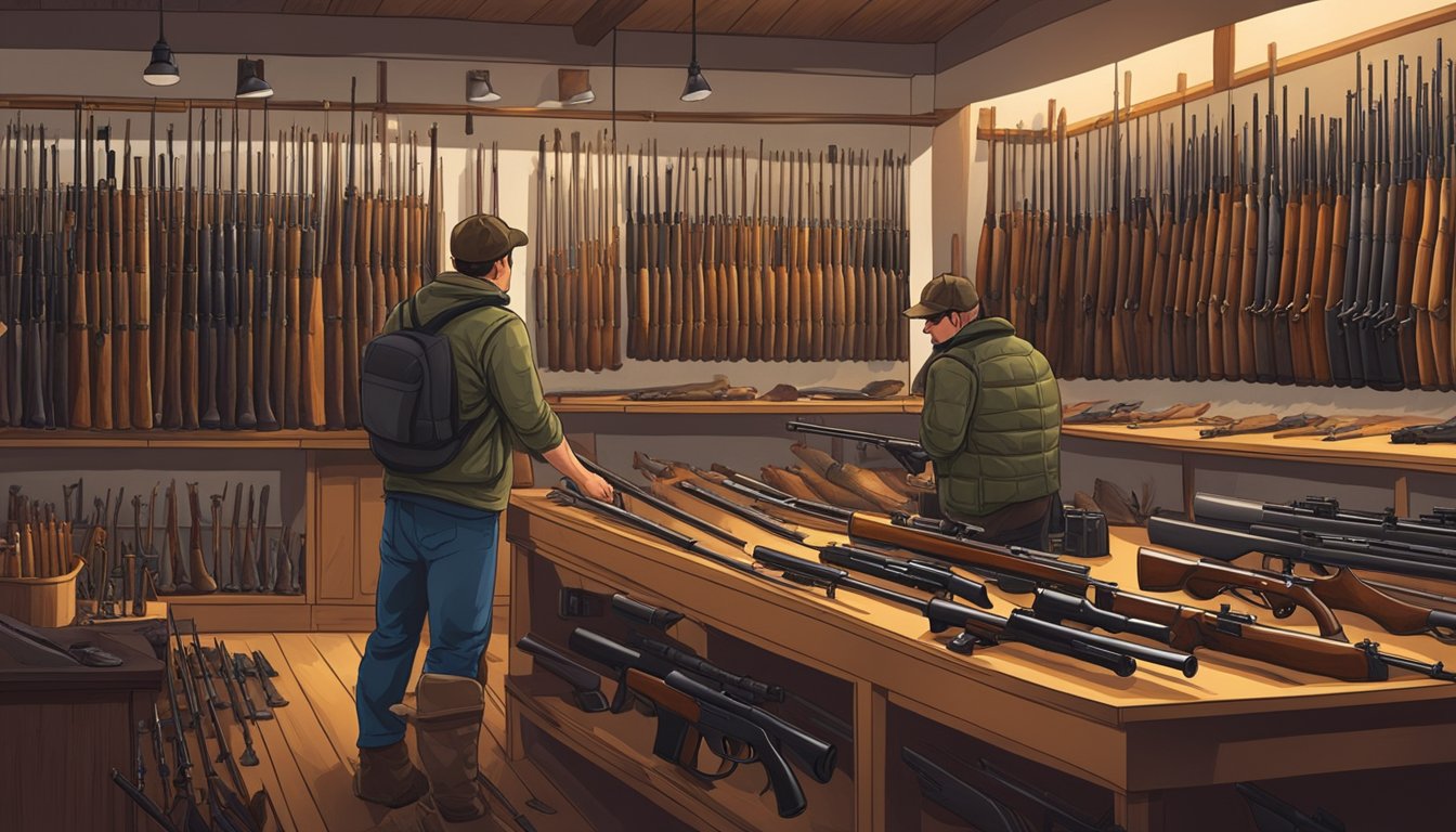 A hunter carefully choosing a rifle from a rack of various firearms in a well-lit hunting shop