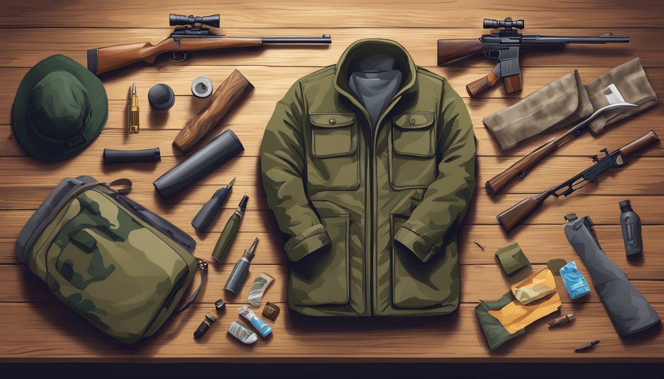 A hunter unpacks new gear from a shopping bag, laying out camo clothing, a rifle, and ammunition on a wooden table