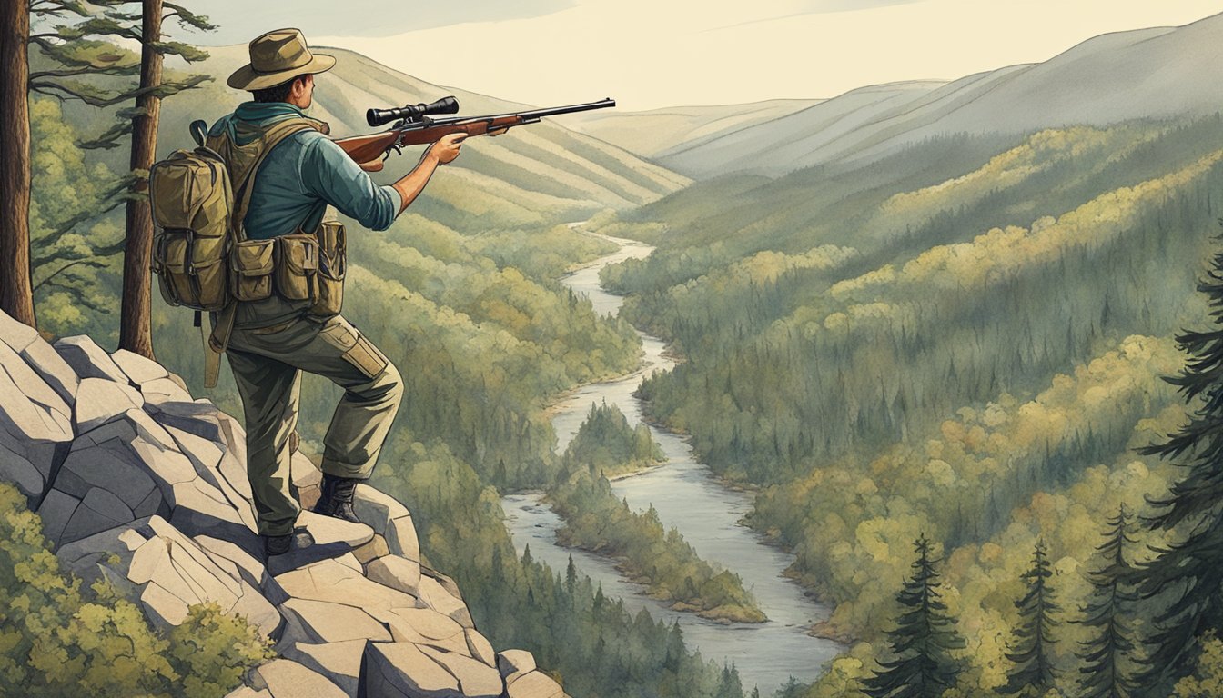 A hunter stands on a rocky cliff overlooking a vast forested valley in Idaho, with a rifle slung over their shoulder and binoculars in hand