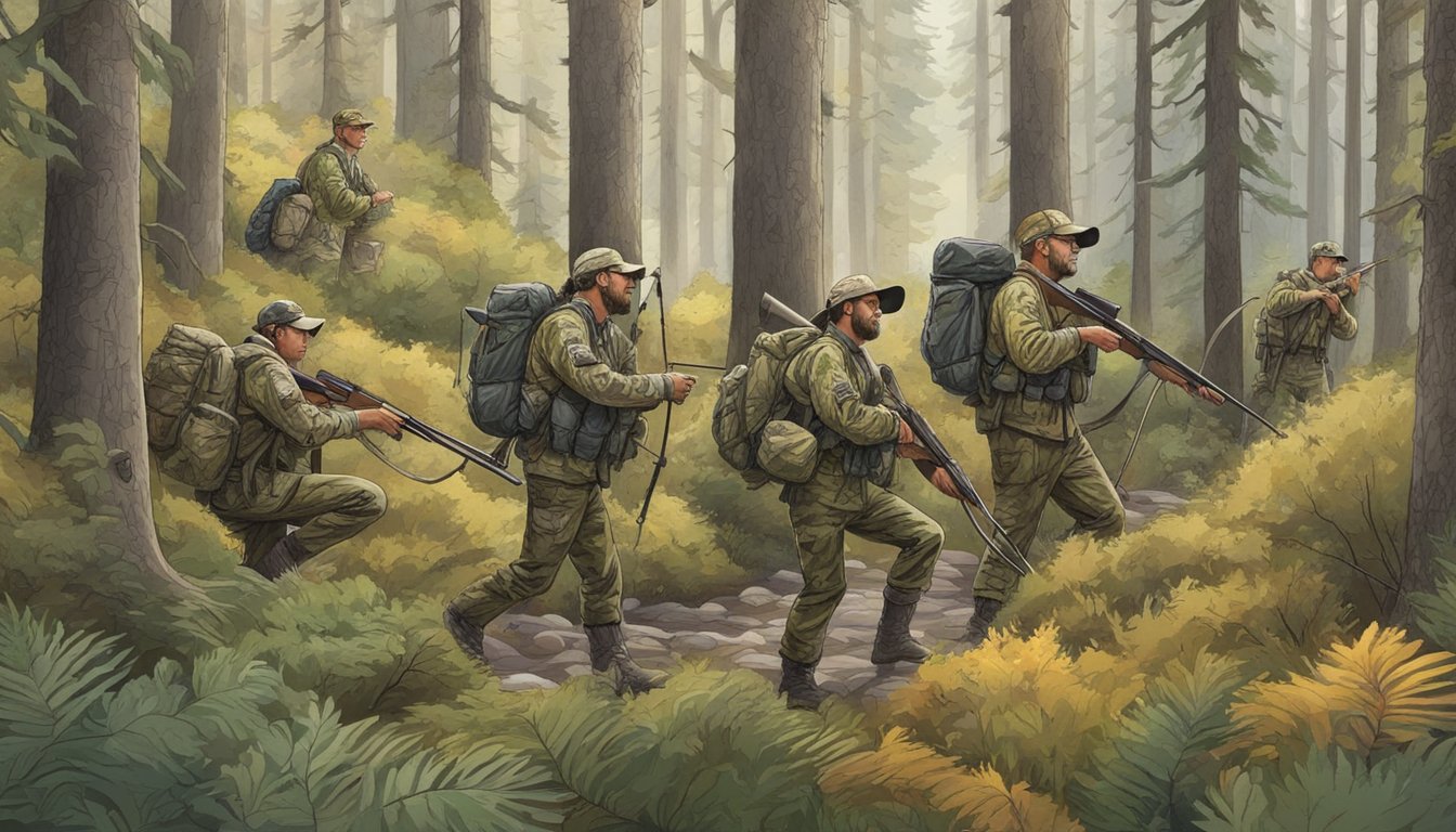 A group of hunters in camouflage gear, carrying rifles and bows, trek through a dense forest with a guide pointing out the different types of hunts available in Idaho