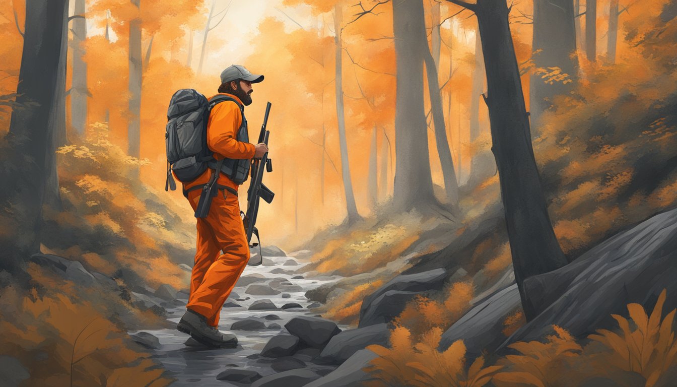 A hunter walking through a forest, carrying a rifle and wearing bright orange clothing for safety. The hunter is shown respecting the environment and wildlife