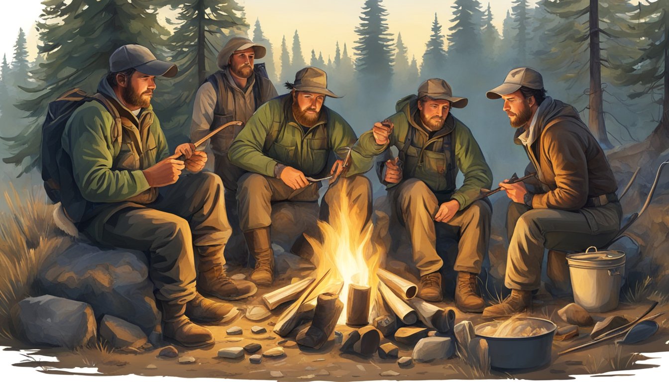 Hunters gather around a campfire, cleaning and preparing their equipment after a successful hunt in the Idaho wilderness