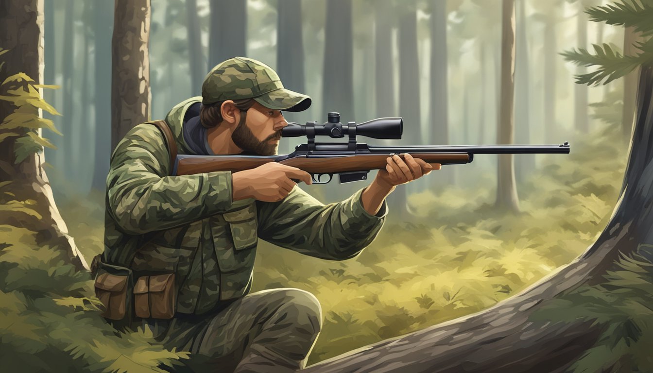 A hunter in camouflage aiming a rifle at a small game or furbearer in a forest clearing