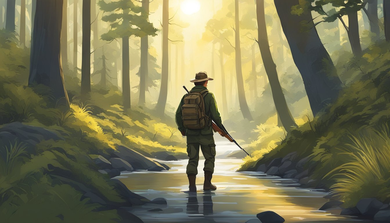 A hunter walking through a dense forest, rifle in hand, scanning the area for game. A stream trickles nearby, and the sun filters through the trees