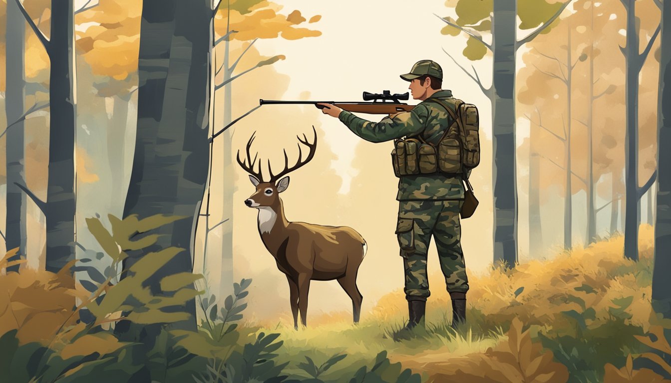 A hunter wearing camouflage aims a rifle at a deer in a forest clearing, following Illinois hunting guidelines