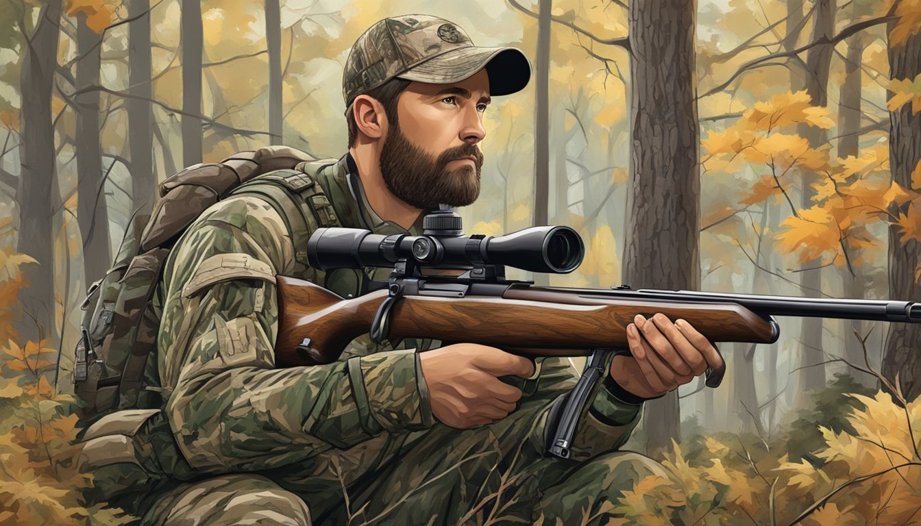 A hunter in camouflage with a rifle, surrounded by trees and wildlife in the Iowa wilderness