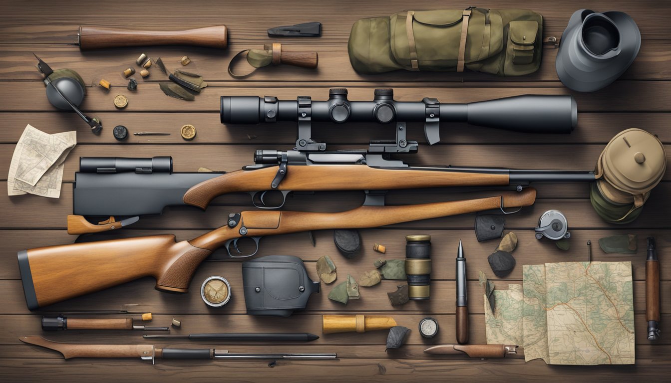 A hunter's gear laid out on a wooden table: rifle, ammunition, camouflage clothing, boots, and a map of the hunting area