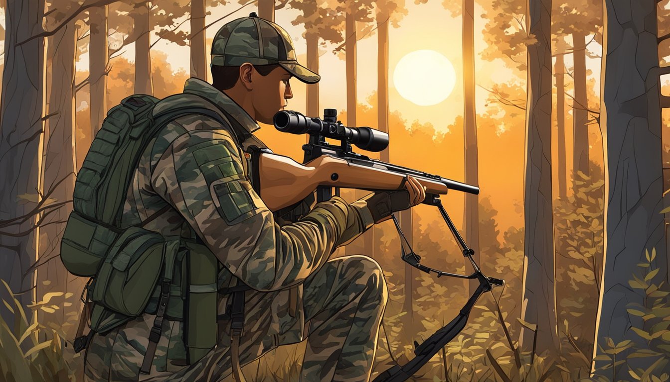 A hunter in camouflage gear stands in a wooded area, rifle in hand, scanning the landscape for potential prey. The sun sets behind the trees, casting a warm glow over the scene