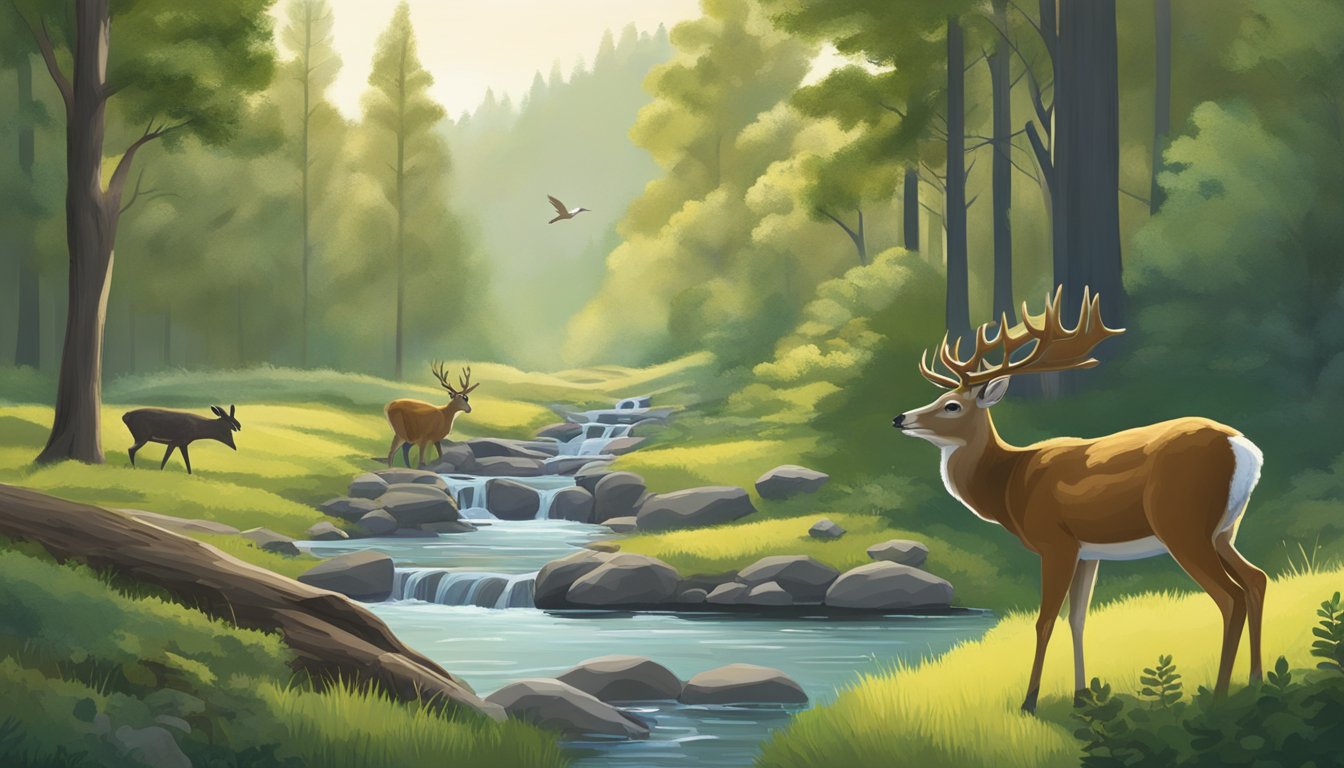 A serene forest clearing with a deer drinking from a stream, while a hawk soars overhead and a family of rabbits nibbles on grass