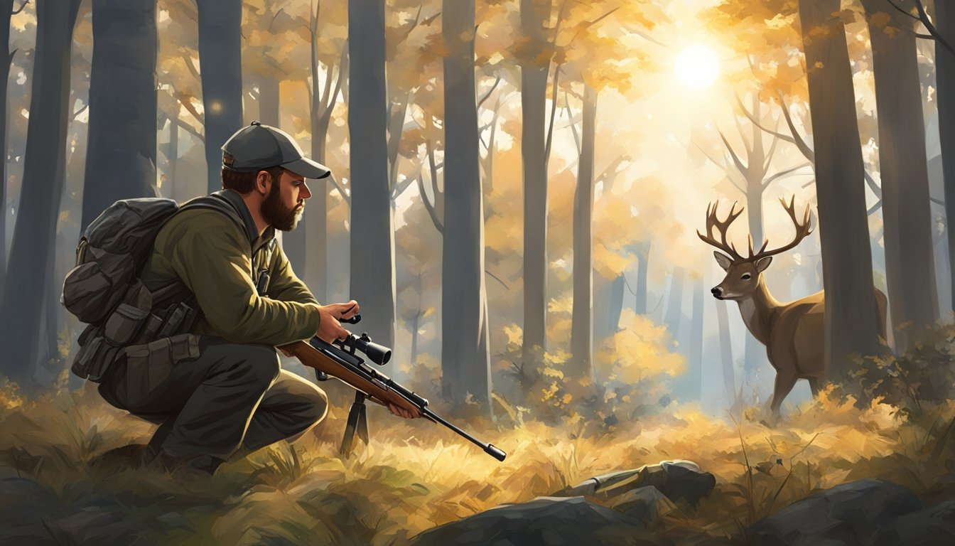 A hunter kneeling in a forest, aiming a rifle at a deer in the distance. The sun filters through the trees, casting dappled light on the scene