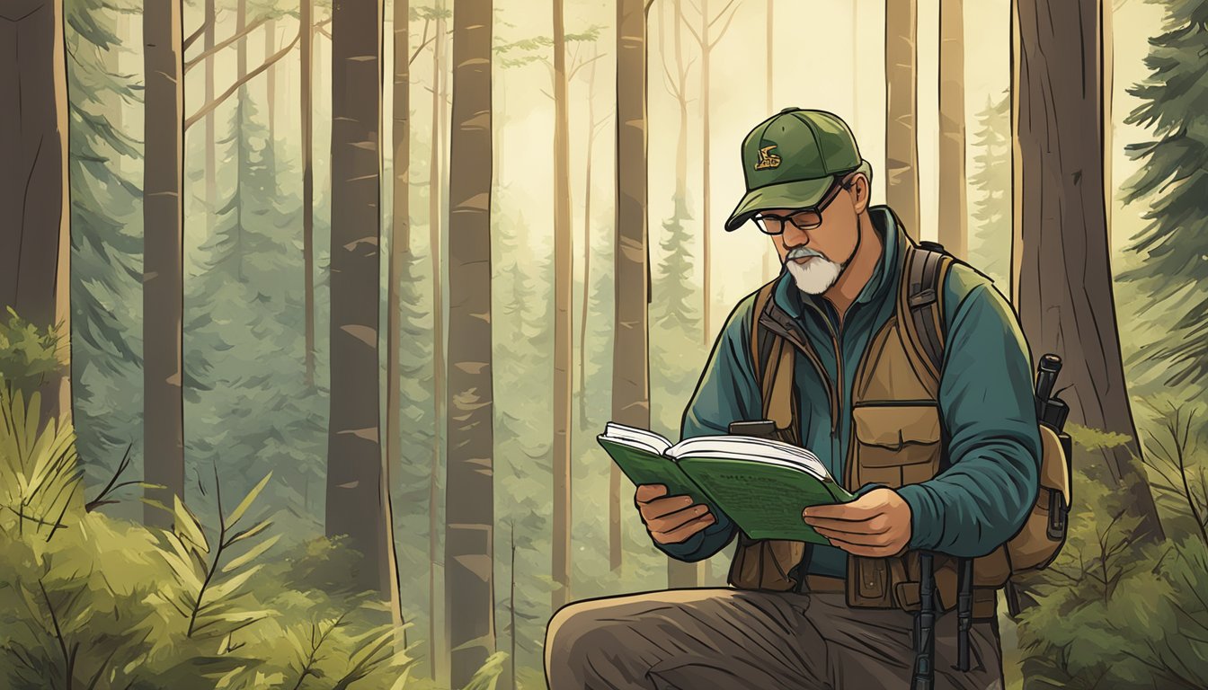 A hunter holding a rifle while reading a booklet titled "Regulatory Information Illinois Hunting Guide" in a forest clearing