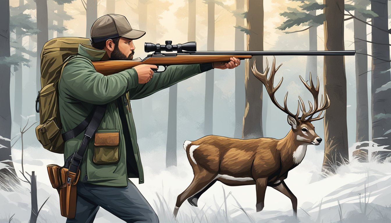 A hunter aiming a rifle at a deer in a forest clearing