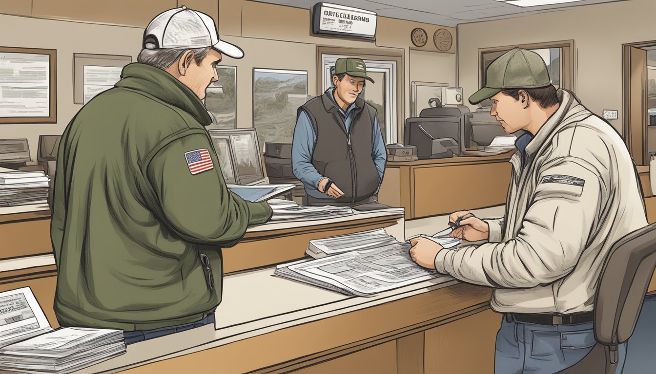 A hunter purchasing a hunting license at a government office counter