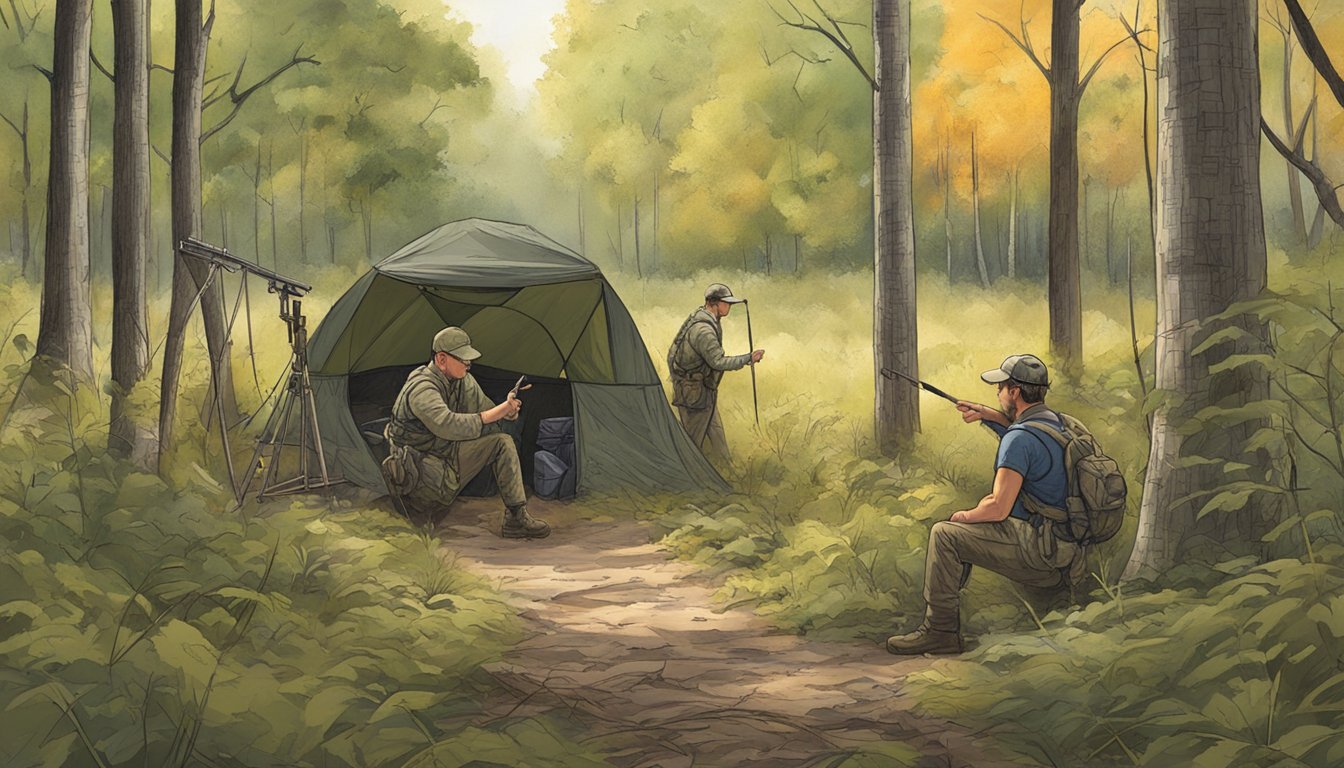 A hunter setting up a trap in the wooded area of Iowa, with a guide pointing out the best location