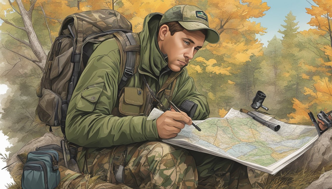 A hunter in camouflage gear studies a Maryland hunting guide, surrounded by maps, gear, and a rifle